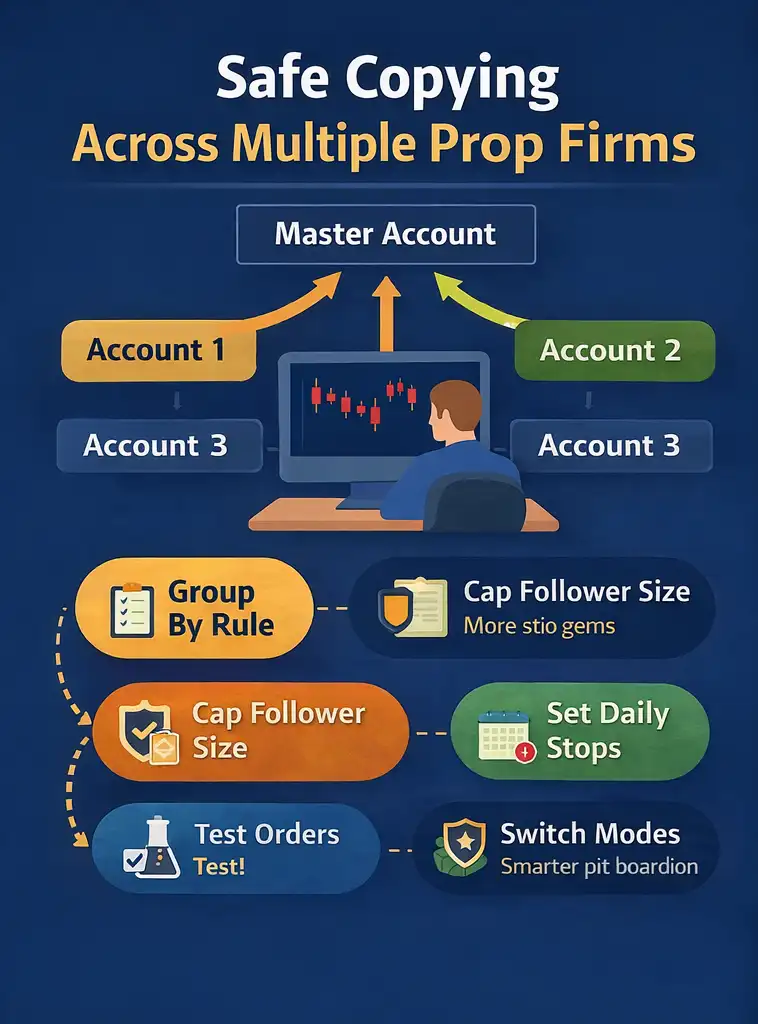 Diagram showing a master trading account safely copying trades to multiple prop firm accounts with risk controls
