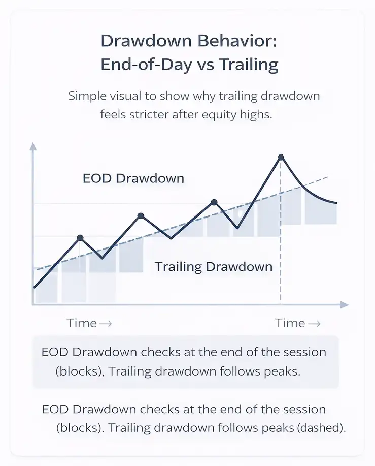 Diagram showing end-of-day drawdown versus trailing drawdown behavior across equity highs