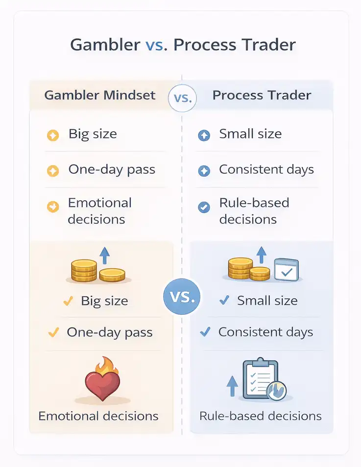 Comparison between gambler mindset and process-based trading in prop firm challenges