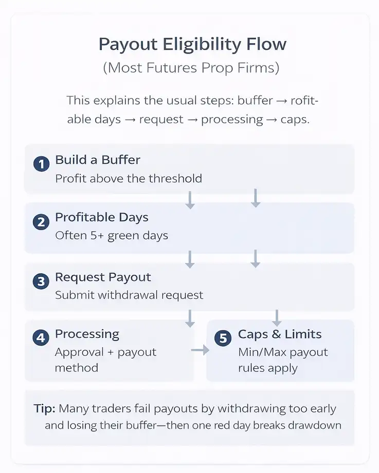 Diagram explaining payout eligibility steps including buffer, profitable days, request, processing, and caps