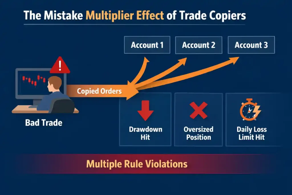 Diagram showing how a single bad trade copied across multiple prop firm accounts can trigger drawdown and rule violations
