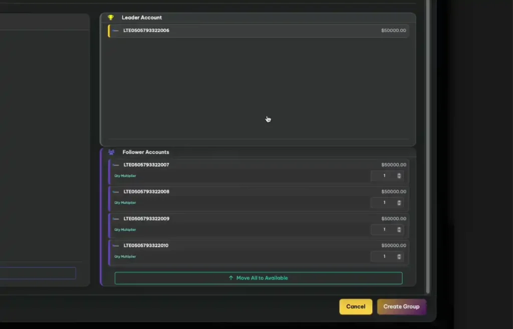 Tradecopia interface showing master and follower account selection for trade copier setup